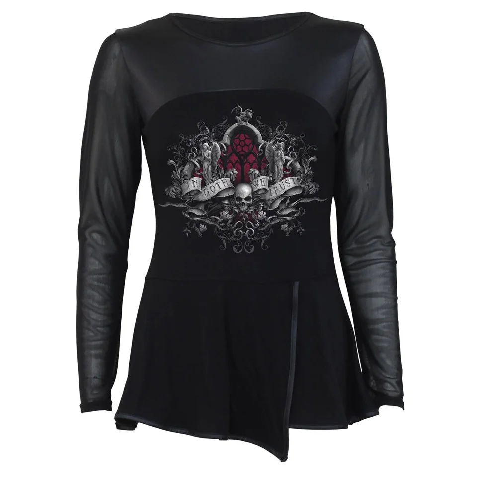 Spiral Women's IN GOTH WE TRUST Mesh Sleeve Flare-Wrap Dress - Black - L - Noir Image 1