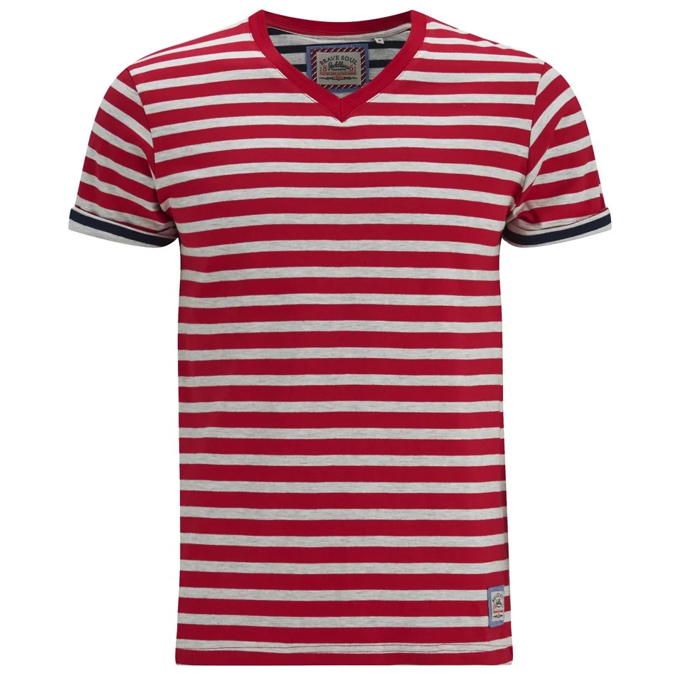 Brave Soul Men's Boson Striped V Neck T-Shirt - Red Marl - S - Rouge Image 1