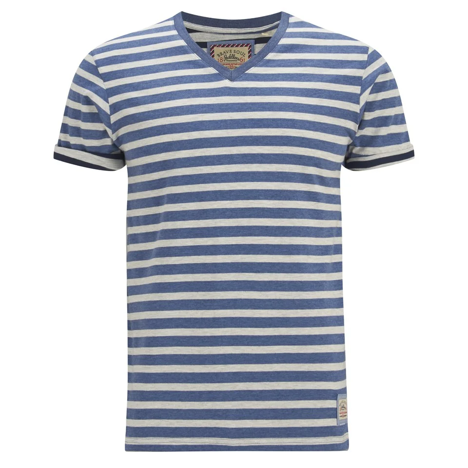 Brave Soul Men's Boson Striped V Neck T-Shirt - Dusty Blue Marl - S - Bleu Image 1