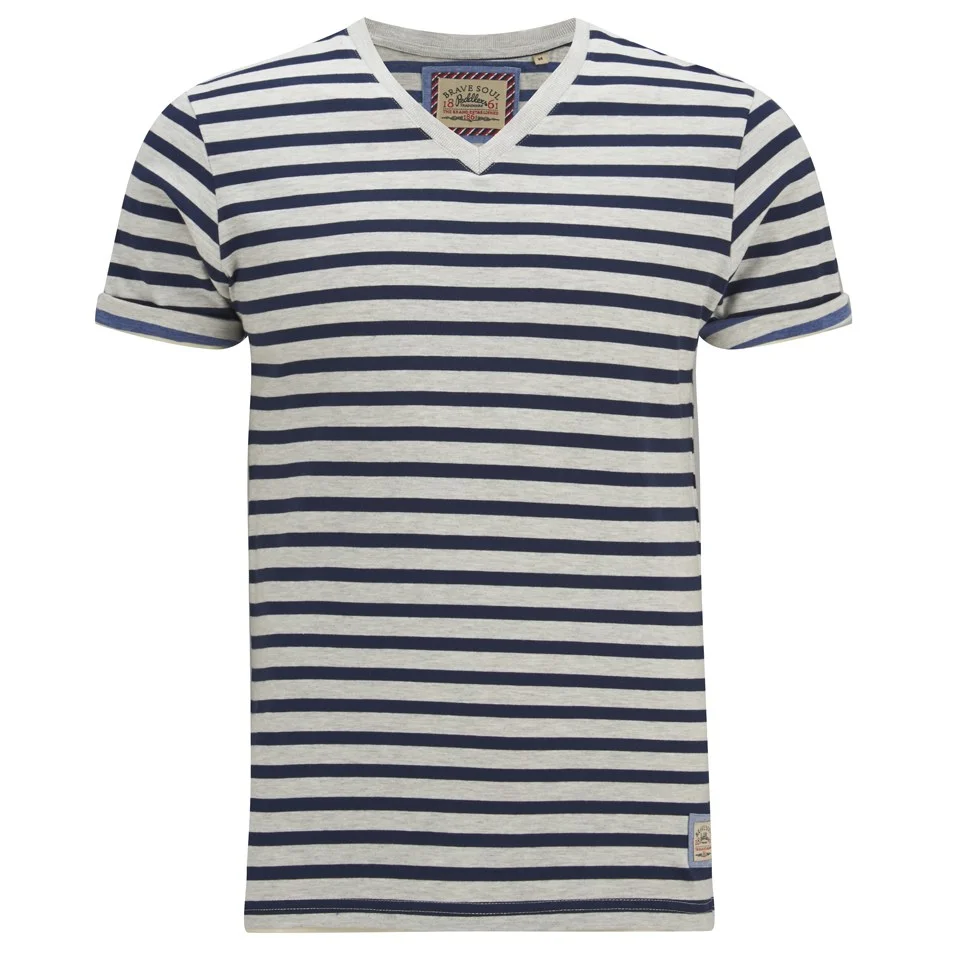 Brave Soul Men's Boson Striped V Neck T-Shirt - Ecru Marl - S - Crème Image 1