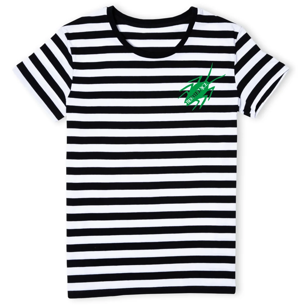 Beetlejuice Cockroach Embroidered Women's T-Shirt - White/Black Striped - XS - White / Black Striped Image 1