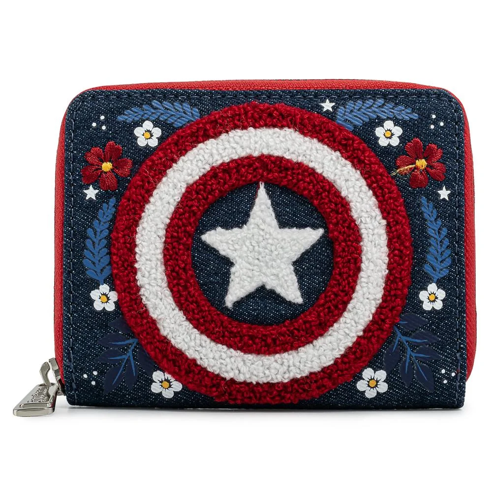 Loungefly Marvel Captain America 80th Anniversary Floral Sheild Zip Around Wallet Image 1