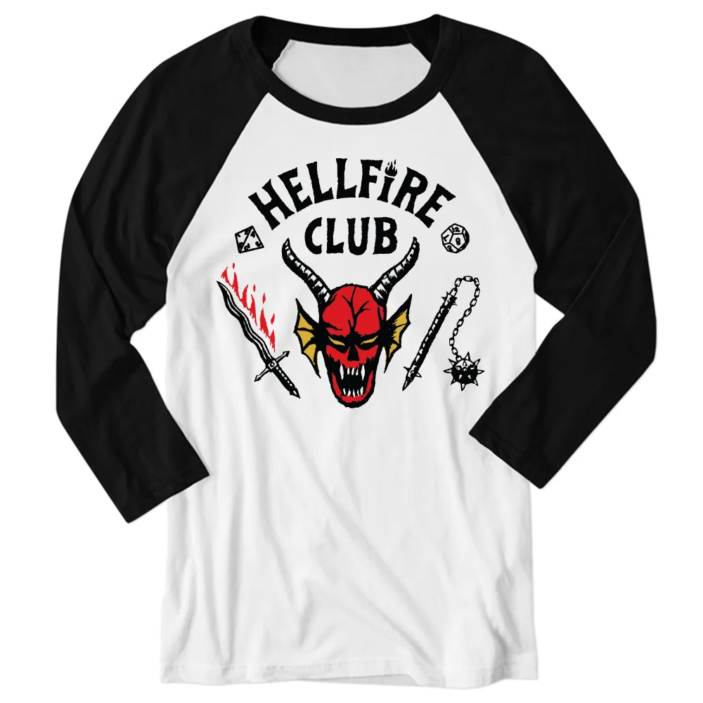 Stranger Things Hellfire Club Unisex Baseball Raglan 3/4 Sleeve T-Shirt - White / Black - S Image 1