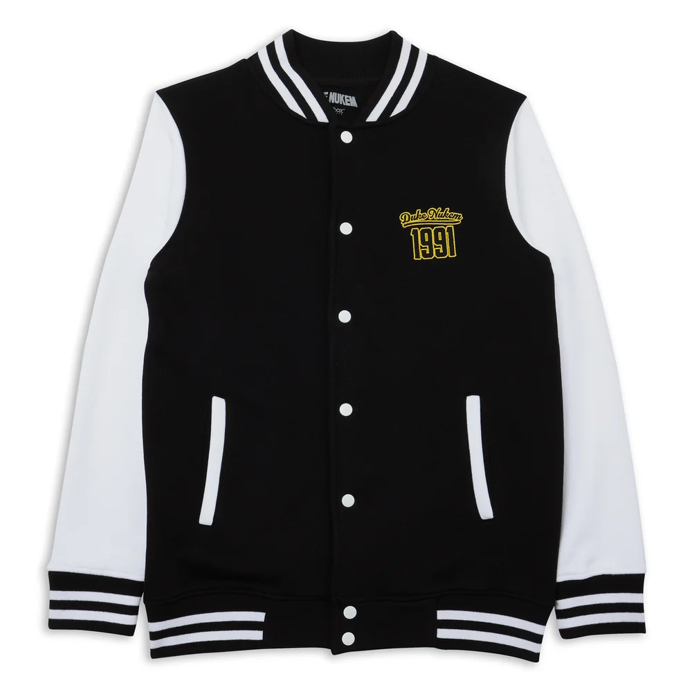 Duke Nukem Kicking Ass Since 1991 Embroidered Varsity Jacket - Black/White - S - Black/White Image 1