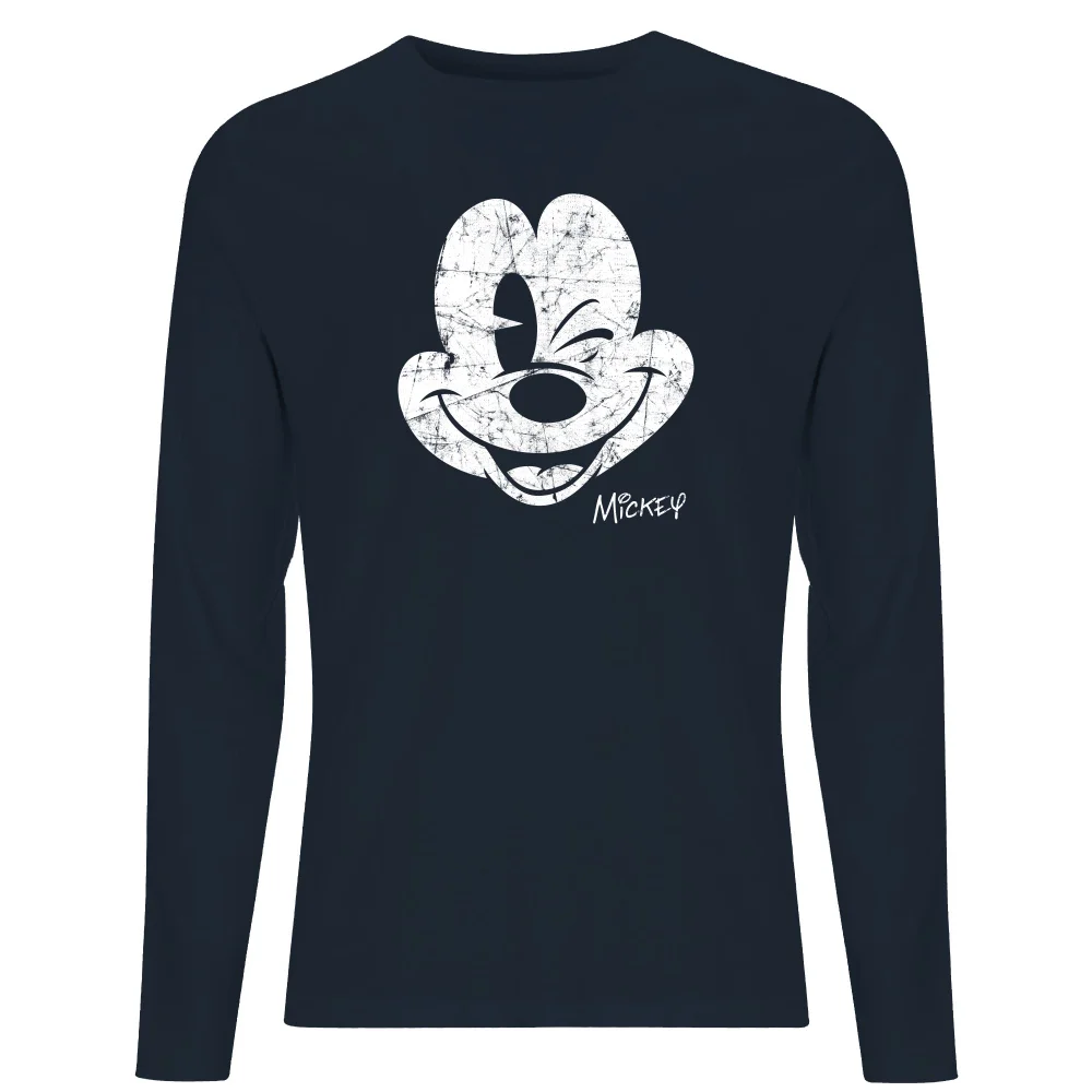 Disney Mickey Mouse Worn Face Men's Long Sleeve T-Shirt - Navy - S Image 1