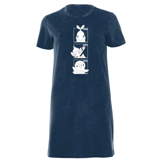 Pokemon Generation 4 Monochrome Starters Women's T-Shirt Dress - Navy Acid Wash