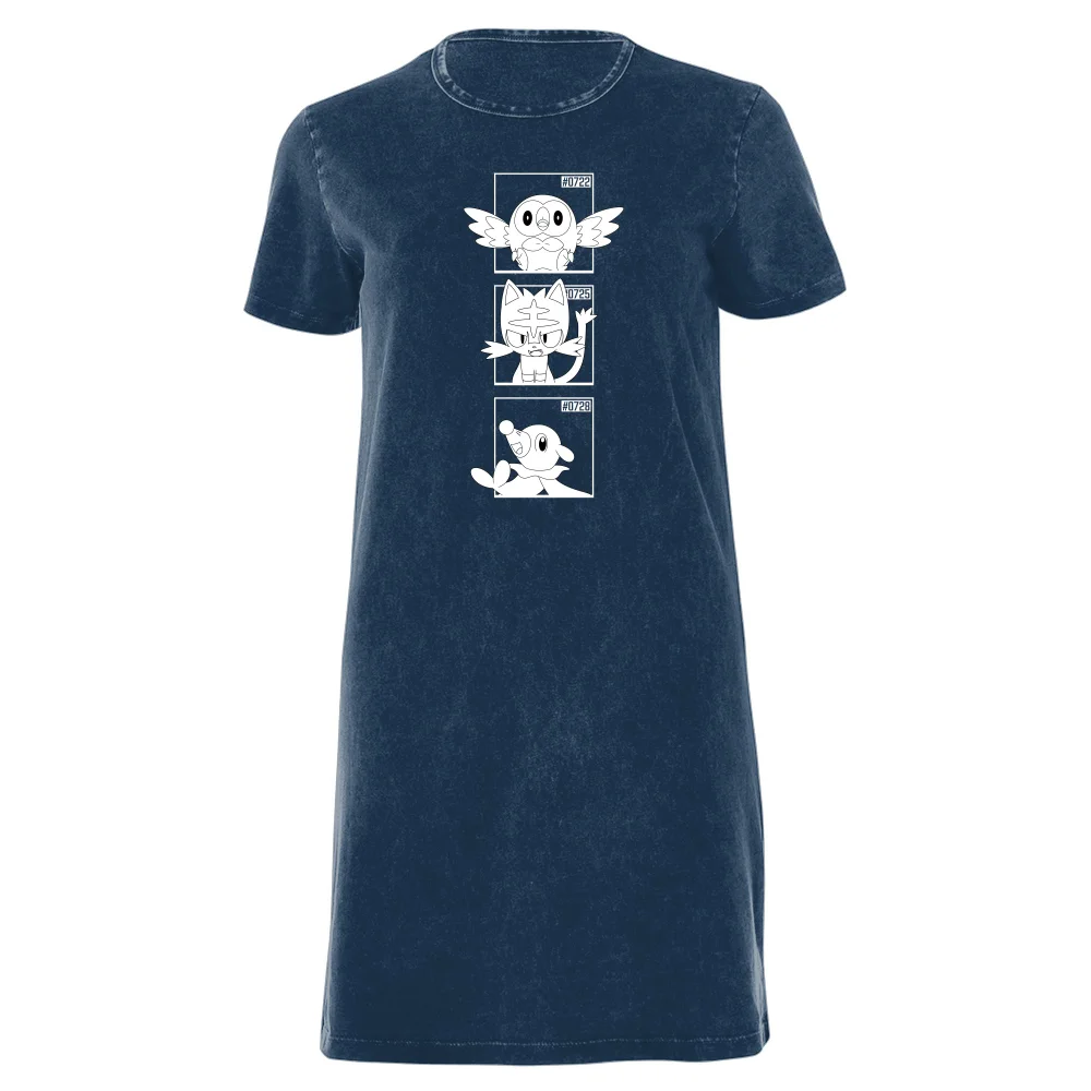 Pokemon Generation 7 Monochrome Starters Women's T-Shirt Dress - Navy Acid Wash - XXL Image 1