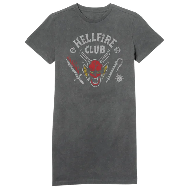 Stranger Things Hellfire Club Vintage Women's T-Shirt Dress - Black Acid Wash