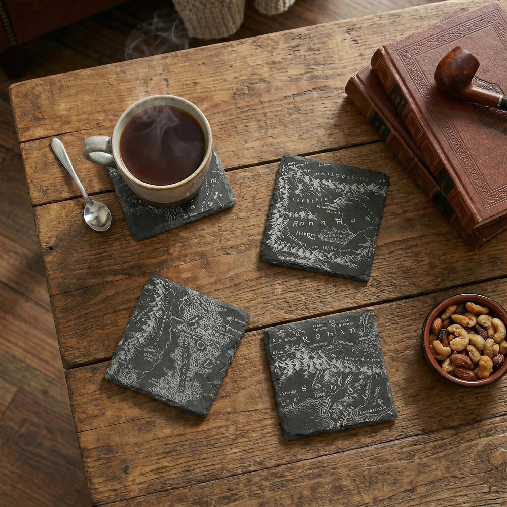 Lord Of The Rings Middle Earth Map Engraved Slate Coaster Set Image 1