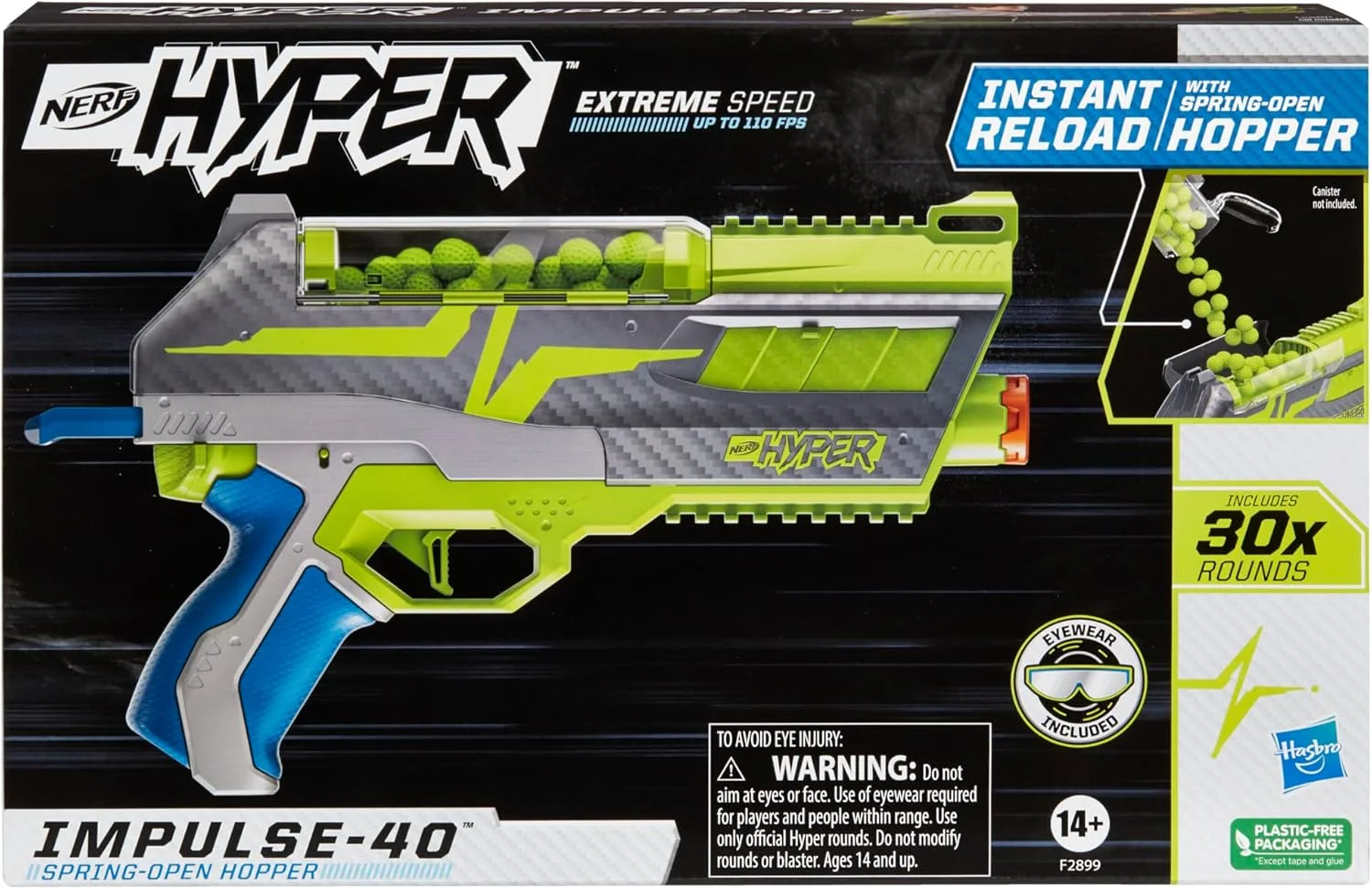 Nerf Hyper Impulse-40 Blaster, Spring-Open Hopper, Up To 110 FPS Velocity, 30 Nerf Hyper Rounds, Eyewear Image 1