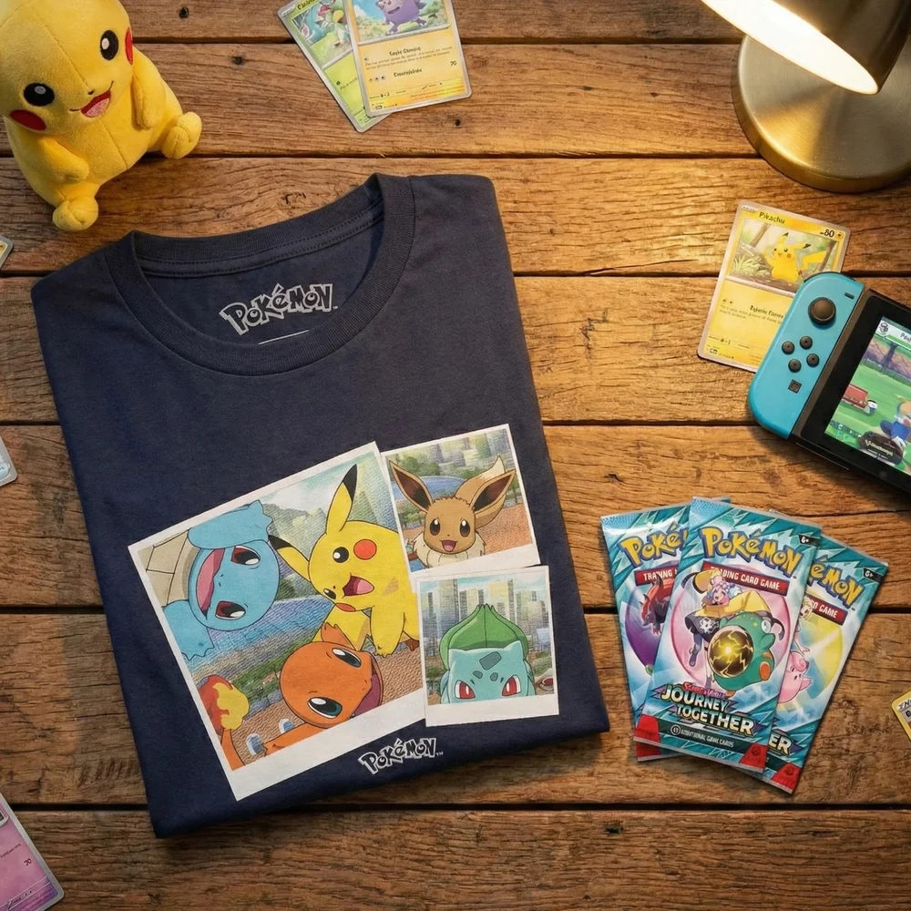 Pokémon Walking Along the Waterfront T-Shirt & Pokémon TCG Bundle - 3 x Journey Together Booster Packs - L Image 1