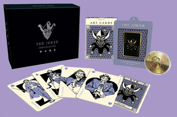 LOT DE COLLECTION THE JOKER <br>PIN'S, PIÈCE & CARTES